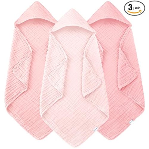 Muslin Hooded Baby Bath Towels - 3 Pack 100% Cotton Ultra-Soft Towels for Newborns, Infants, Toddlers - 32x32 Inch - Highly Absorbent, Quick-Dry Essentials for Bath Time, Beach, Pool, Pink Series