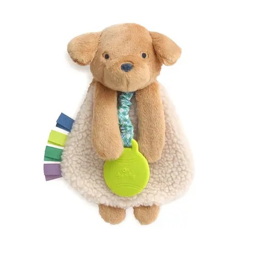 Itzy Ritzy - Itzy Lovey Including Teether - Baby Lovey with Teether, Textured Ribbons & Dangle Arms - Features Crinkle Sound, Sherpa Fabric and Minky Plush (Puppy)