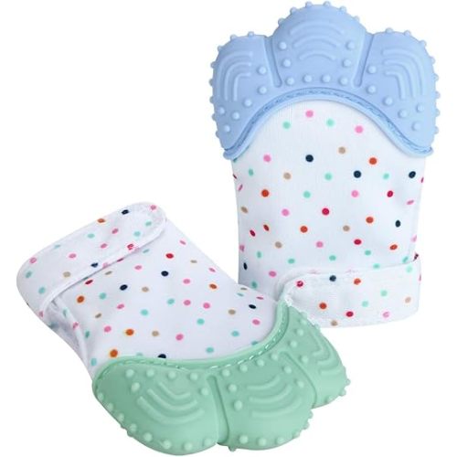 PandaEar Soothing Teething Mitten 2 Pack, Pain Relief, Protection Glove, Stimulating Teether, 0-12 Months (Blue Green)