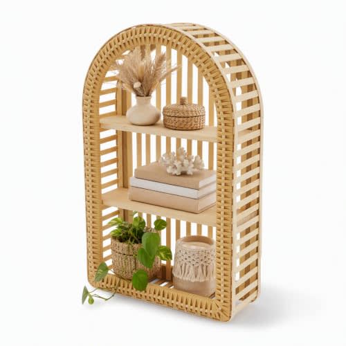 Rattan Wall Shelf, 3-Tier Arch Wall Mounted Shelf, Boho Wall Decor | boho bathroom shelf. Living room, bedroom, entryway. Handwoven rattan, pine wood, bamboo