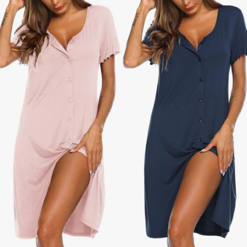 Ekouaer 2 Pack Nightgowns for Women Button Down Night Shirts Short Sleeve Sleep Shirts V Neck Sleepwear Pajama Dress
