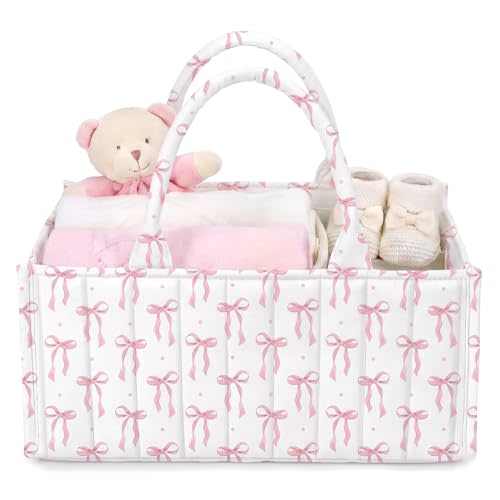 Shinylin Diaper Caddy Organizer with Pink Bow Baby Diaper Organizer Basket | Pink Diaper Caddy, Portable Nursery Storage Basket with Handles and Removable Dividers, Cute Storage Bin, Baby Shower Gifts