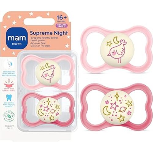 MAM Supreme Baby Pacifier, Newborns 16+ Months, Developed with Orthodontists, Extra Air Flow for Sensitive Skin, Glows in The Dark, BPA-Free Silicone, Sterilizer Case, Pack of 2, Made in Europe