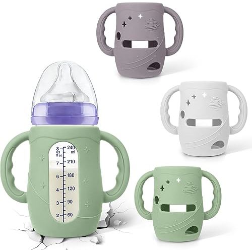 BUSOHA 3 Pack Silicone Sleeves for Lansinoh NaturalWave Baby Bottles - Baby Bottles Sleeves for Lansinoh Bottles Baby Anti-Colic Bottles Holder with Handle Silicone Protector,8 oz