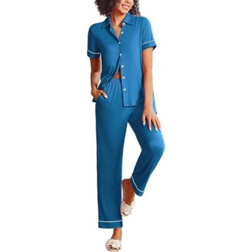 Ekouaer Womens Pajama Sets 2 Piece Button Down Short Sleeve Pjs Set Soft Lounge Set with Long Pants Lake Blue S