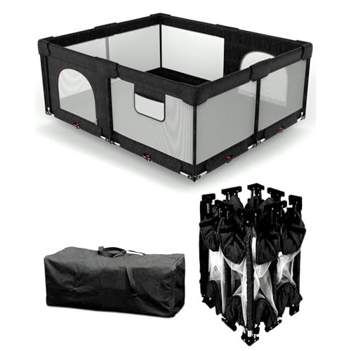 Foldable Baby Playpen with Non-Removable Thick Mat, Extra Large Collapsible Play Yard for Babies & Toddlers, Portable Travel Playpen with Gate, Safe Activity Center (59"×71" Black)