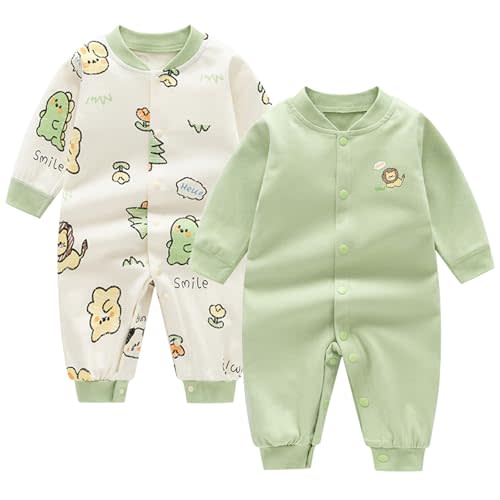 Egaivtya Newborn Baby Boys 2 Pack Cotton Romper Outfits Infant Long Sleeve One-Piece Toddler Button Jumpsuits