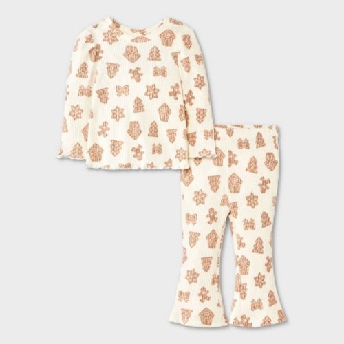 Baby Girls' 2pc Long Sleeve Christmas Holiday Cookies Ribbed Sweatshirt and Flare Leggings Set - Cat & Jack™ Cream 0-3M