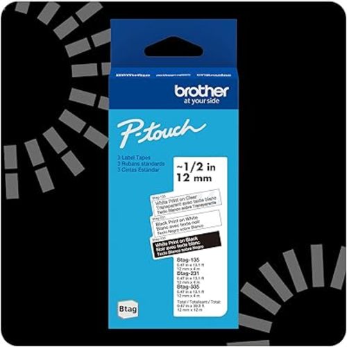 Brother P-Touch Btag Label Tape, BTAG3M01, 0.47 in by 13.1 ft, White on Clear, Black on White, White on Black, 3-Pack