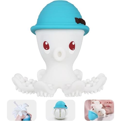 Teething Toys 3-6 Months, Mombella Octopus Teethers for Babies 6-12 Months, Soft Silicone Baby Teething Toys 12-18 Month Old, Baby Chew Toys, Squeaky Infant Teether Toys, Easy to Hold, Blue