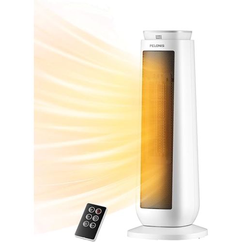 PELONIS 23” Oscillating Ceramic Tower Space Heater with Remote & Thermostat, Electric Energy Efficient Floor Heater for Indoor Use Large Room Safe with Timer, ECO Mode, 1500W, White