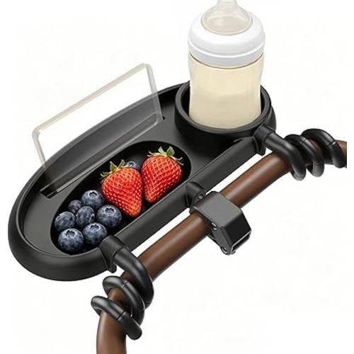 Universal Stroller Snack Tray with Cup Holder, Secure 3-Point Lock Design, Flexible Silicone Grips & Removable Snack Surface for Toddler Drinks, Snacks and Bottles