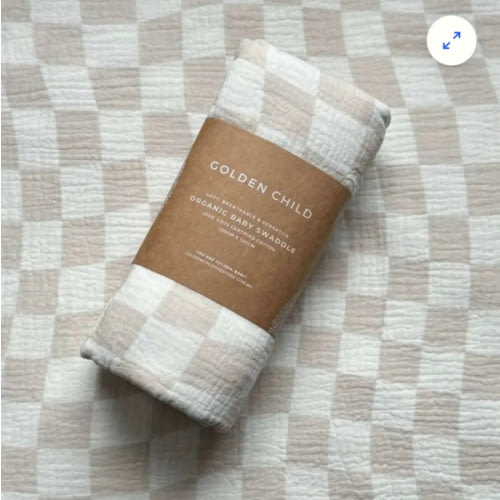 Wavy Baby Checked Organic Swaddle - Stone | Golden Child