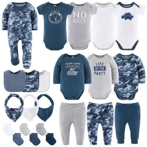The Peanutshell Layette Gift Set for Baby Boys, Blue Camo, 23 Essential Pieces