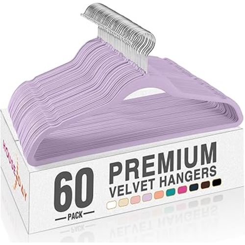 HOUSE DAY Lt-Purple Velvet Hangers 60 Pack, Non Slip Clothes Felt Hanger Heavy Duty for Coat, Premium Slim Space Saving Suit Hangers for Closet Organizer, 360° Rotating Silver Hook