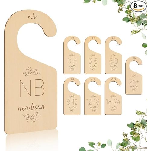 Wooden Baby Closet Dividers - 8 Pcs Double-Sided Design for Newborn Nursery Room Wardrobe Storage by Months Size - Perfect Toddler Clothes Organizer