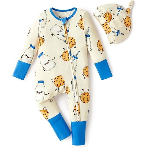 PATPAT Baby Girl Boy Footie Clothes, Bamboo Viscose, 2-Way Zipper, Fold-Over Mittens & Cuffs with Hat/Headband
