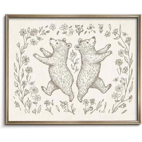 Vodefoad Bear Sketch Vintage Wall Art Retro Nursery Cheerful Bear Art Print Neutral Cottagecore Nursery Decor Farmhouse Rustic Bears Wall Decor for Gallery Nursery Bedroom Bathroom Office - 8x10Inch Unframe