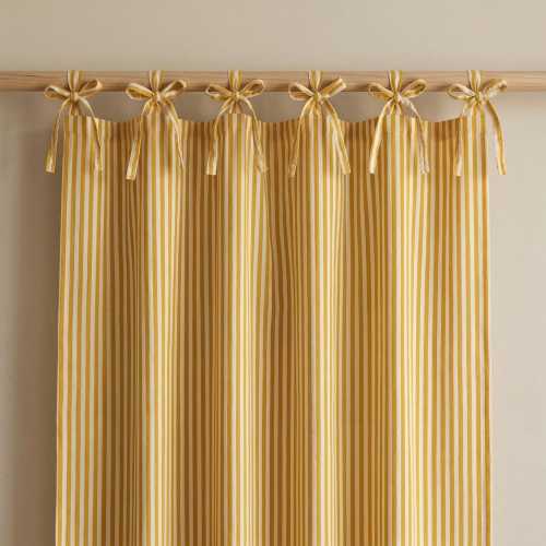 Yellow Striped Cotton Curtain Panel, Hand Block Printed Boho Farmhouse Curtain, Tie Top Custom Window Drape