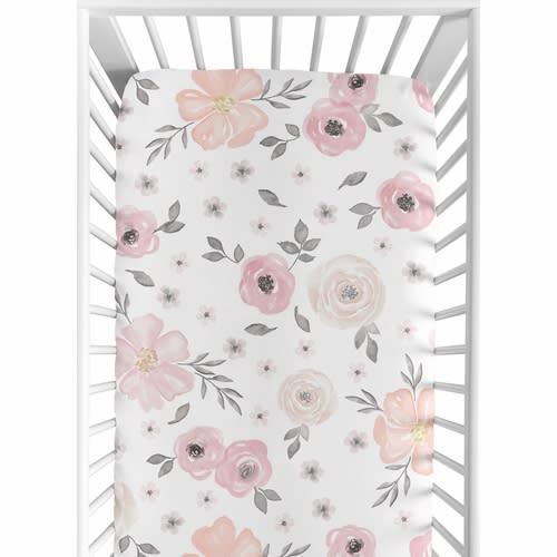 Watercolor Floral Pink and Grey Collection Cotton Crib Sheet - 100% Cotton