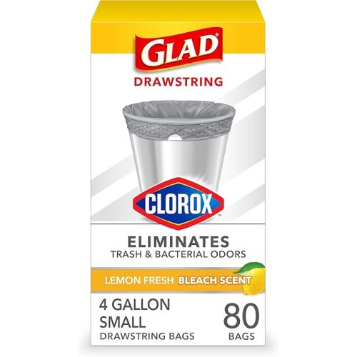 Glad Small Trash Bags 4 Gallon, Lemon Fresh Bleach Garbage Bags, Odor Resistant with Drawstring, 80 Count