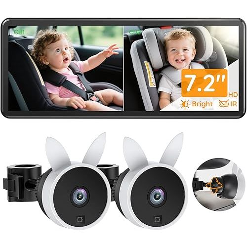 BV3PRO 7.2" Dual Car Camera Baby Monitor, 1080P HD Split Screen, IR Night Vision, Double Car Camera for 2 Baby, Easy Setup for Carseat, Perfect for Family Travel, Pet Friendly