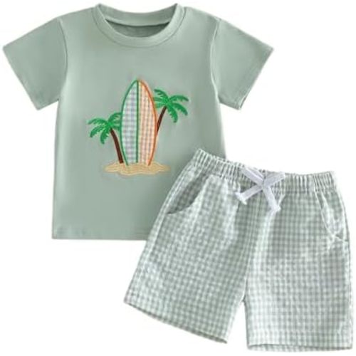 Bagilaanoe Toddler Baby Boy Short Sleeve T-Shirt+ Plaid Shorts Set Castle Embroidery Outfit Beach Clothes 2PCS Set