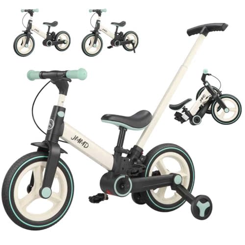 JMMD 6 in 1 Toddler Bike with Push Handle for Kids 18-60 Months, 12" Foldable Balance Bike with Training Wheels, Pedals, Brakes, Kickstand, Push Tricycle Toddler Gift & Toys for Boy & Girl