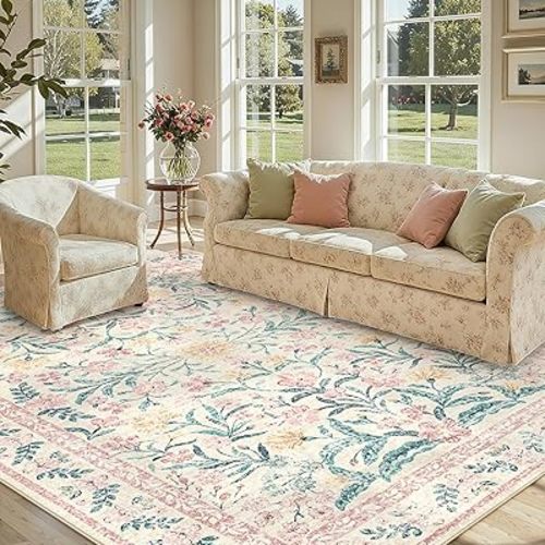 Lahome Large Rugs for Living Room, Boho Machine Washable Area Rugs 8x10, Ultra-Thin Soft Distressed Floral Carpets Non Slip for Bedroom Office Dining Room, Pink/Multi