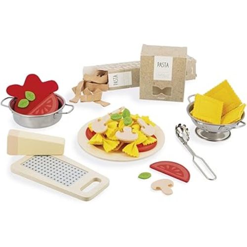 Janod - Pasta Mix - Pasta Set - Pretend Play Kitchen & Tea Set Toy - 58 Wooden, Cardboard and Felt Pieces Included - Water-Based Paints - 3 Years + J06598