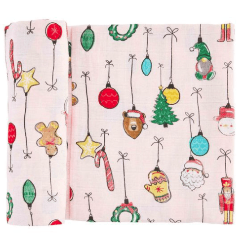 Pink Christmas Ornament Swaddle Blanket | Mud Pie