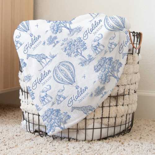 Blue Toile Hot Air Balloon Baby Blanket, Personalized Safari Name Swaddle Baby Shower Gift, Custom New Mom Hospital Blanket, Newborn Gift