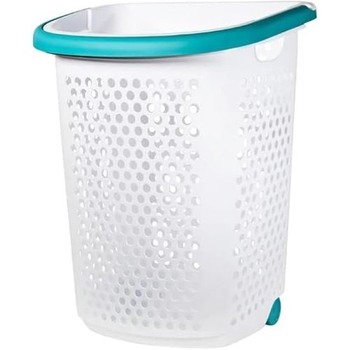 ReMoiz Wheeled Design Clothes Laundry Basket, 70.52 Liter Capacity Mind Reader Basket Collection, 2 Bushel Rolling Plastic Laundry Hamper with Pop-up Handle, White, Large