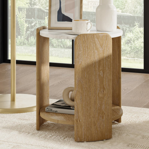 George Oliver Fermina Modern Oak Veneer Wood Legs Round Marble Top End Table | Wayfair
