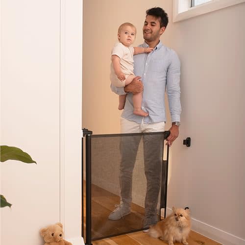 Perma Child Safety Retractable Baby Gate - Mesh Dog & Pet Gate for Stairs | Fits openings up to 55 in wide, 33 in tall, retractable stair & doorway gate, no bottom bar, 3-way lock, indoor/outdoor