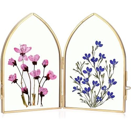 JUXYES 4x6 Brass Folding Photo Frames Tabletop Double Glass Picture Frame For Pressed Flowers, Unique Domes Metal Pictures Frame Countertop Folding Glass Frame for Pressed Flowers Photo Picture Poster