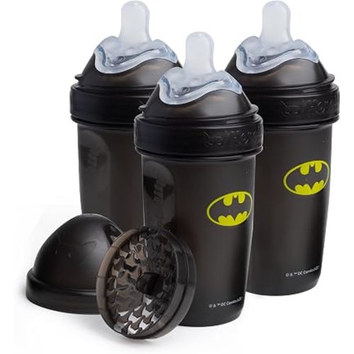 Herobility Anti-Colic Baby Bottles 8.5 fl oz/240ml - Pack of 3 Plastic Baby Bottles, Fast Flow Plastic Bottles, Breast-Shaped Teat for Breastfed Babies, Small Baby Bottles, Swedish Design, Batman