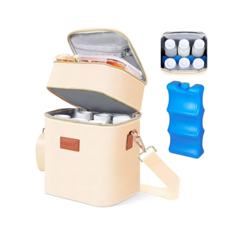 PIIOSER Breastmilk Cooler Bag with Ice Pack Fits 6 Baby Bottles Up to 9 Ounce, Insulated Baby Bottle Tote Bags, Double Layer Waterproof Leak-Proof with Shoulder Strap for Nursing & Working Mom (Cream)