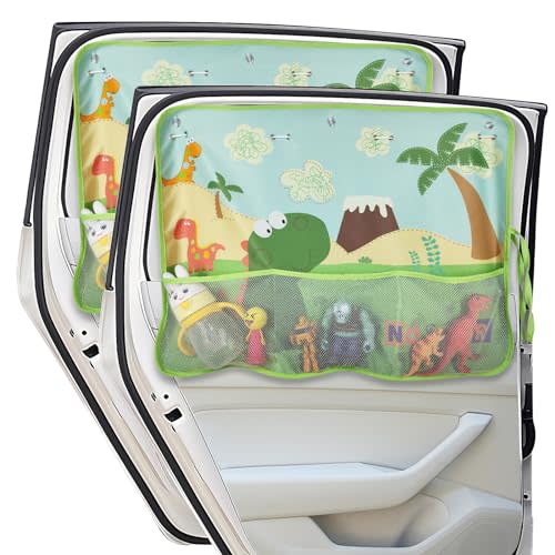 DIZA100 Car Window Shade for Baby, 2 Pack Car Sun Shades with Storage Pockets Car Window Curtain 7 Suction Cups Dinosaurs Pattern for Sun/Heat/UV Rays Protection