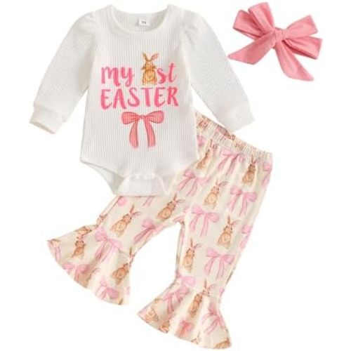 YINGISFITM Easter Baby Girl Outfit My First Easter Bunny Onesie Romper Bell Bottoms Pants Newborn Easter Clothes