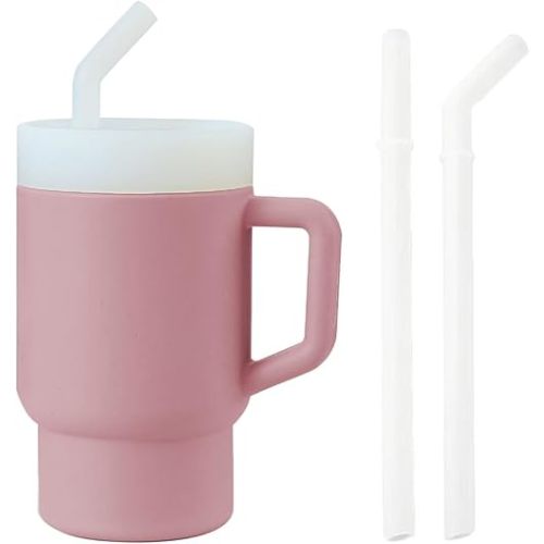 PandaEar Kids Tumbler Silicone Toddler Cup with Straw and Handle, 9.5oz Spill-Proof Training Cup for Baby, BPA-Free, Easy to Clean -Blue (Pink)