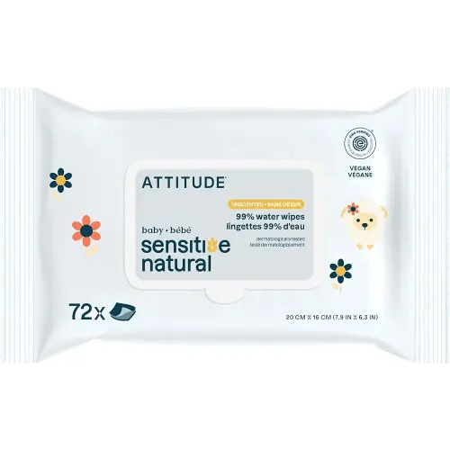 ATTITUDE Baby Wipes Unscented, For Sensitive Skin with Oat, Natural Origin, Dermatollogically Tested​, For Babies, Toddlers & Kids, Revitalizing Chamomile Extract, EWG Verified​, 72 Count