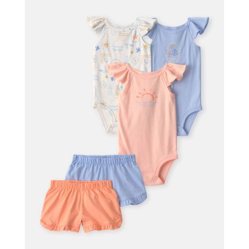 Baby Girl 5-Piece Beach Bodysuits & Shorts Set - Blue/Orange | Carter's