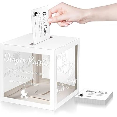 Funrous 51 Diaper Raffle Tickets with Box for Baby Shower Game Invitations Diaper Raffle Card for Gender Reveal Baby Shower Party Decoration Table Centerpiece(Clear White)