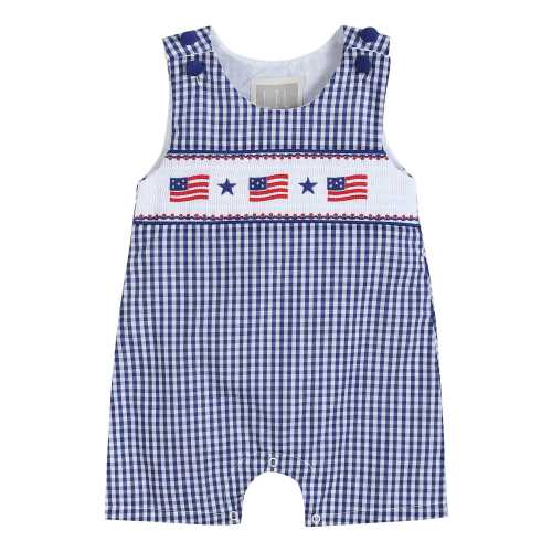 4th of July Royal Blue Gingham American Flag Smocked Shortalls