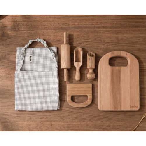 Montessori Kitchen Set - Wooden Cooking Tools for Kids - Safe Knife & Cutting Board 3Y+