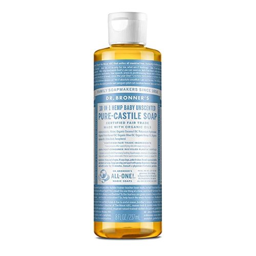Dr. Bronners - Pure-Castile Liquid Soap (Baby Unscented, 8 Ounce) - Made with Organic Oils, 18-in-1 Uses: Face, Hair, Laundry, Dishes, For Sensitive Skin, Babies, No Added Fragrance, Vegan, Non-GMO - 8 oz
