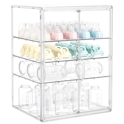HBlife Baby Bottle Storage Organizer for Countertop Cabinet, 4 Tiers Adjustable Clear Acrylic Bottles Storage Station Case Box Container with 3 Removable Dividers and Magnetic Double Door, X-Large