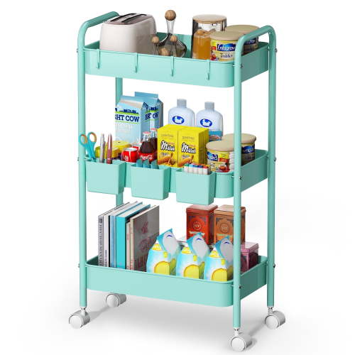 3 Tier Rolling Storage Cart, Metal Trolley Utility Cart with Wheels & Hooks, Easy Assembly Organizer Storage Cart for Bathroom Kitchen Office Bedroom