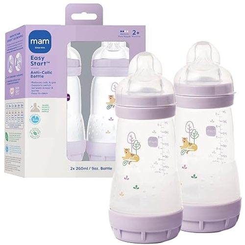 MAM 9oz Easy Start Anti-Colic+ Wide Neck Baby Bottle, Medium Flow Breastfeeding-Like Nipple, Reduces Colic Gas & Reflux, Easy to Clean, BPA Free, 2+ Months, Made in Europe, Bonus Fast Flow Nipple